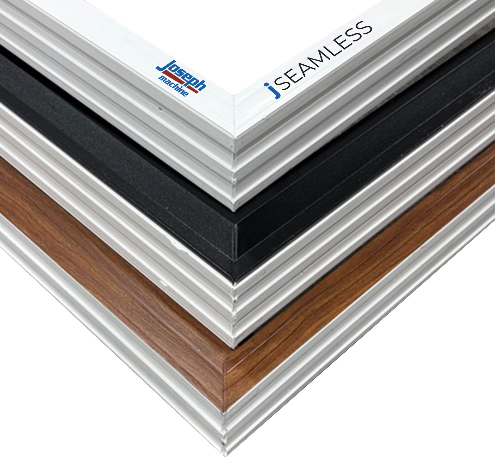 Seamless welded window frames in three finishes Three vinyl window frames with seamless welded corners shown in white, black and woodgrain finishes